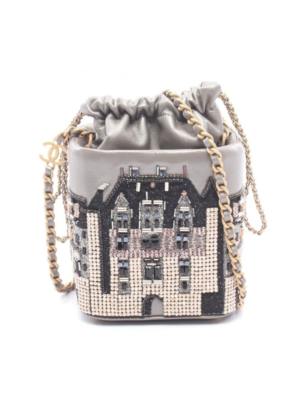 Chanel Shoulder Bag Small Bead Embroidery Silver Gray Lambskin